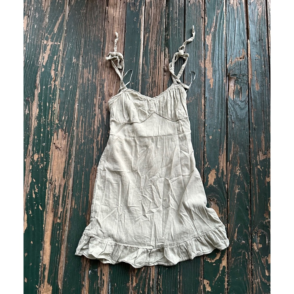 Hollister Tan Linen Blend Tie Strap Smocked Back Ruffle Mini Dress Medium